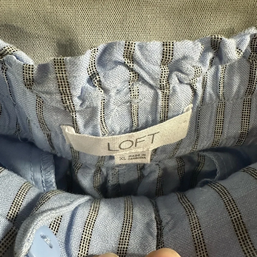 LOFT Paperbag Striped Shorts Blue Black High Waisted‎ Belt Linen Size XL